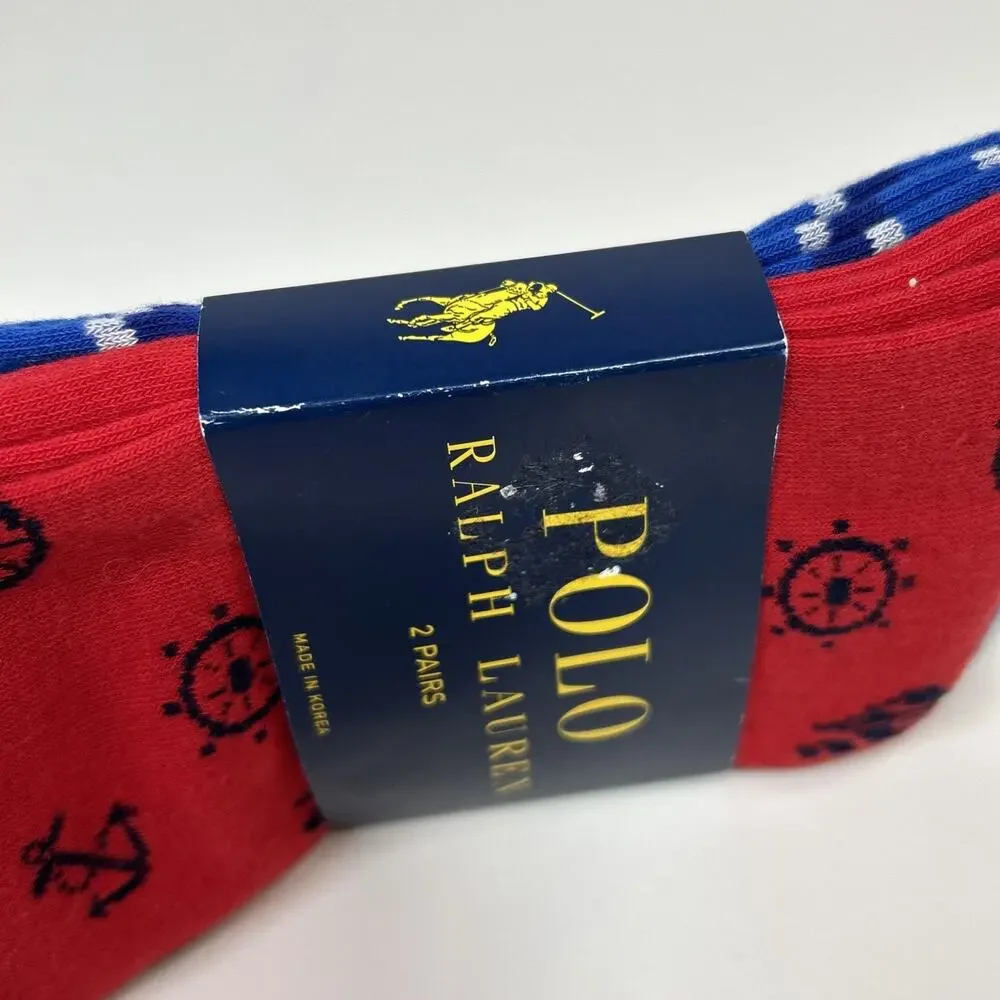 Polo Ralph Lauren Men's 2 Pack Socks 10-13 Nautical Sailboat Anchor Red Blue New